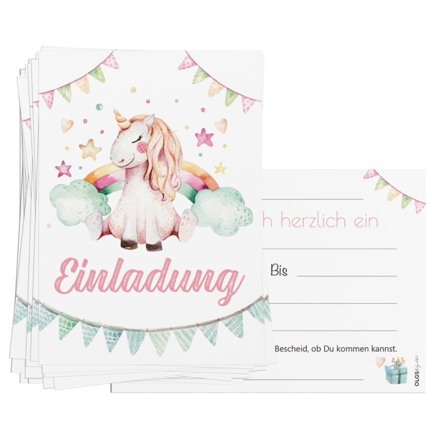 12x Prinzessin Einhorn Einladungskarten