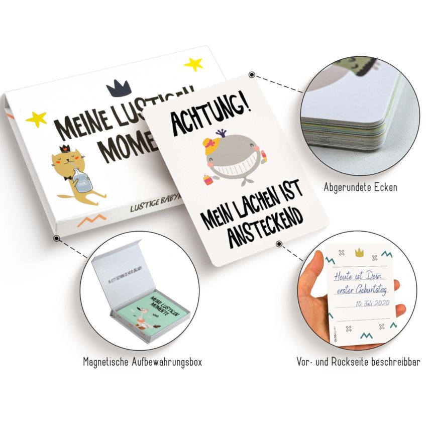 Lustige Baby Meilensteinkarten – 26er Set mit Magnetbox