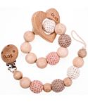 Schnullerkette und Beißring Set aus Holz mit Häkelperlen