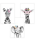 Kinderzimmer Poster (Zebra Elefant Giraffe Brille)