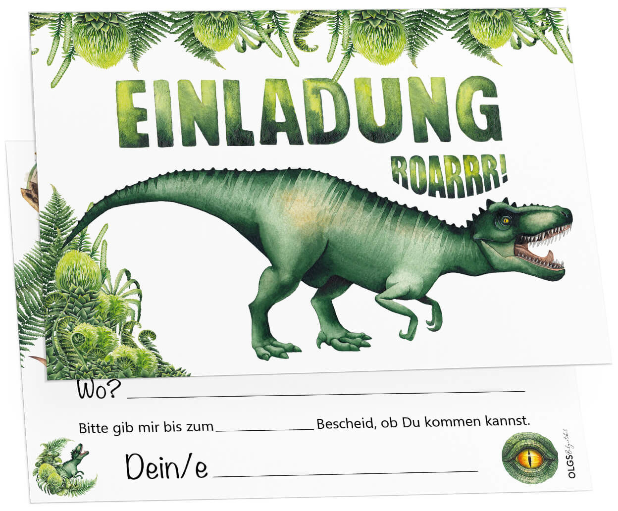 Dinosaurier Einladungskarten-Set | 8 Karten + 8 Umschläge | T-Rex Motiv | Ca. 12x15 Cm | Für Kindergeburtstage