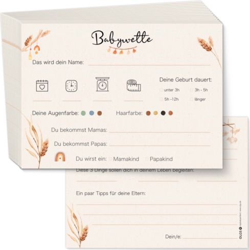 Babyparty Ratespiel Babywette 25 Karten Boho