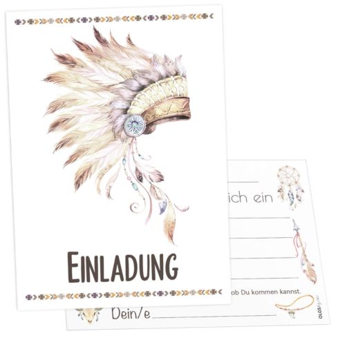 12 Einladungskarten Kindergeburtstag Indianer Kopfschmuck