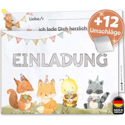 12 Einladungskarten Tierfreunde mit Glitzer
