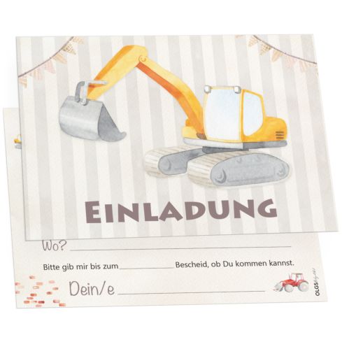 12 Einladungskarten Kindergeburtstag Bagger