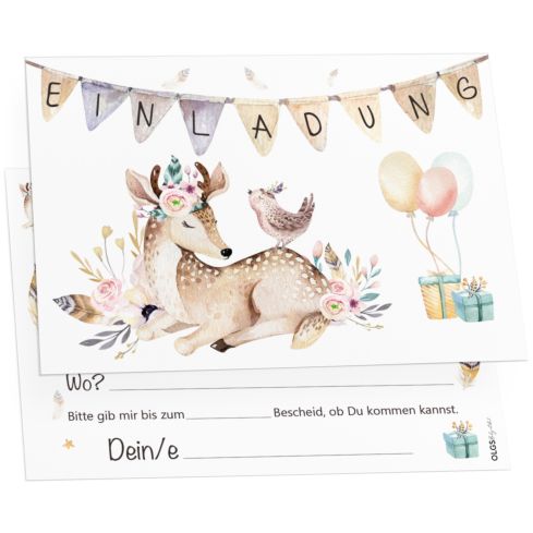 12 Einladungskarten Kindergeburtstag Boho Reh