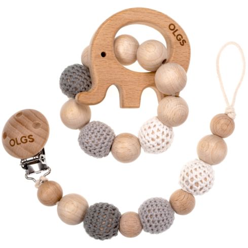 Schnullerkette und Beißring Set aus Holz mit Häkelperlen (Set 05)