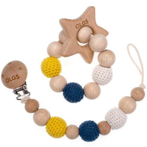 Schnullerkette und Beißring Set aus Holz mit Häkelperlen (Set 06)