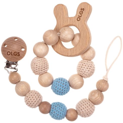Schnullerkette und Beißring Set aus Holz mit Häkelperlen (Set 07)