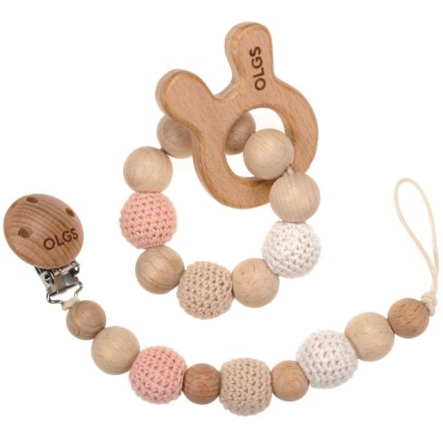 Schnullerkette und Beißring Set aus Holz mit Häkelperlen (Set 08)