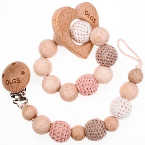 Schnullerkette und Beißring Set aus Holz mit Häkelperlen (Set 01)