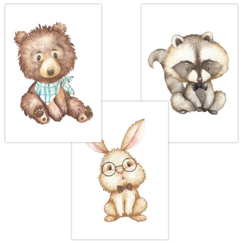 Kinderzimmer Poster (Bär Hase Waschbär Junge)