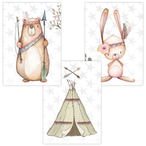 Kinderzimmer Poster (Bär Tipi Hase Indianer)