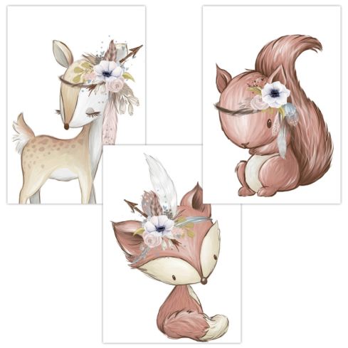 Kinderzimmer Bilder (Reh Fuchs Eichhörnchen Boho)