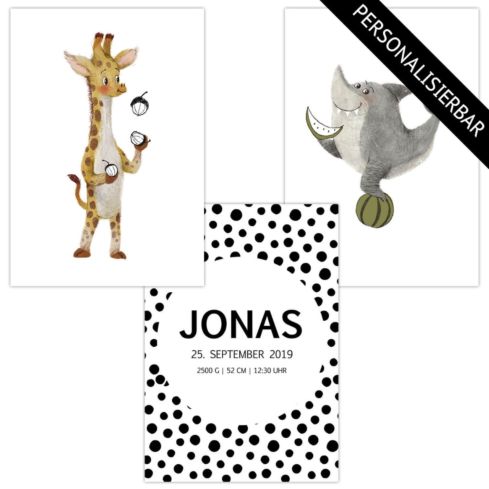 Kinderzimmer Poster personalisier (Giraffe Hai)