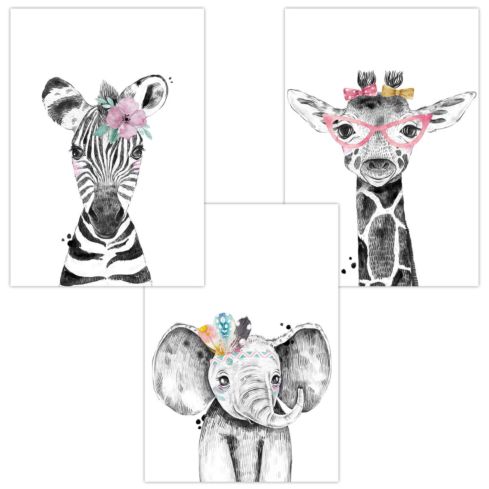 Kinderzimmer Poster (Zebra Elefant Giraffe Brille)