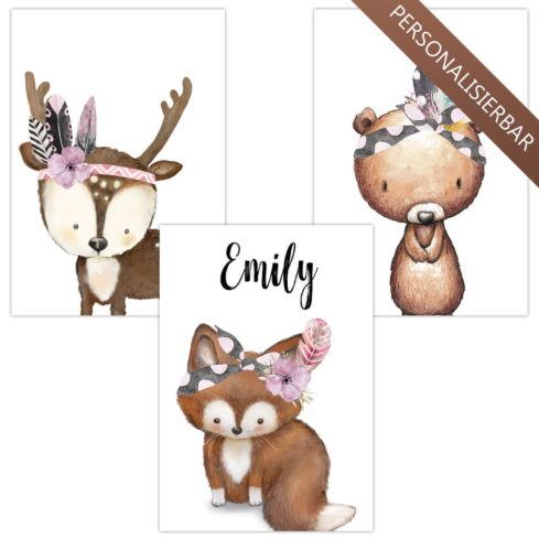 Kinderzimmer Poster personalisiert (Fuchs Bär Hirsch Tiere Boho)
