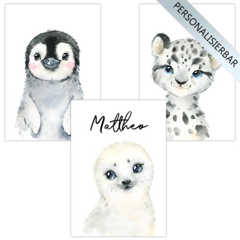 Kinderzimmer Poster personalisiert (Pinguin Seehund Schneeleopard)