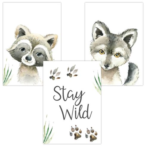 Kinderzimmer Poster (Stay Wild Waschbär Wolf)