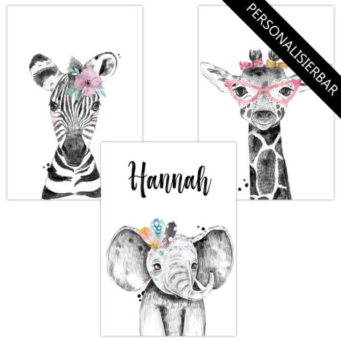 Kinderzimmer Poster personalisiert (Zebra Elefant Giraffe Brille)