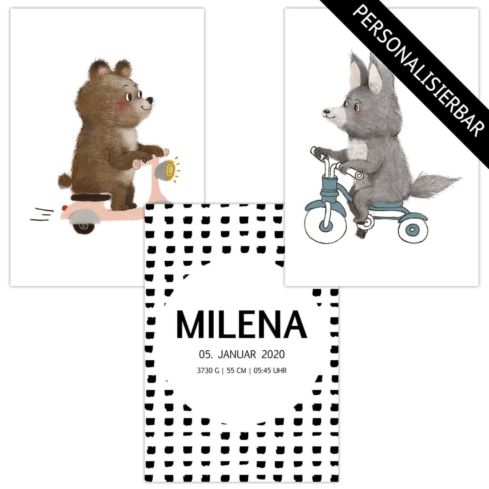 Kinderzimmer Poster personalisiert (Bär Wolf)
