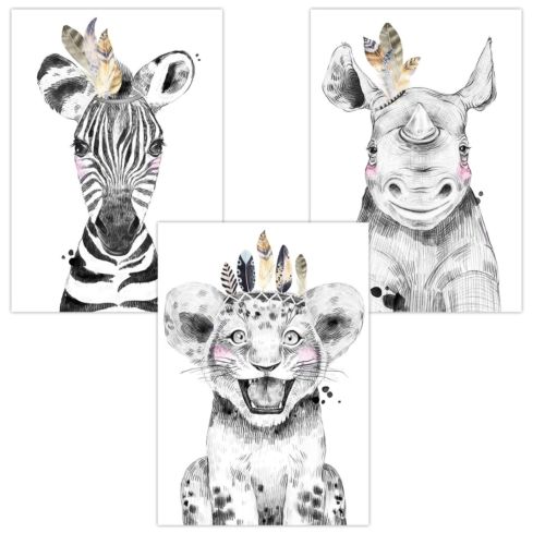 Babyzimmer Poster (Zebra Löwe Nashorn Boho)