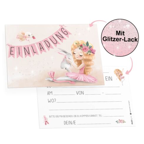 12 Einladungskarten Kindergeburtstag Glitzer-Lack (Ballerina)