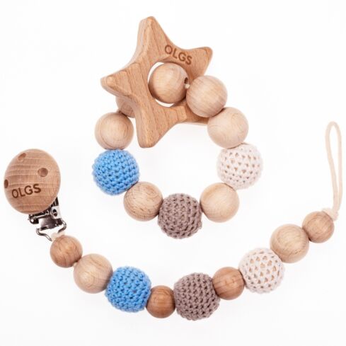 Schnullerkette und Beißring Set aus Holz mit Häkelperlen (Set 02)