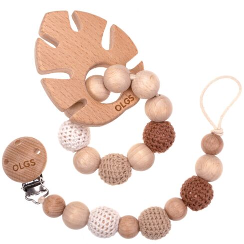 Schnullerkette und Beißring Set aus Holz mit Häkelperlen (Set 03)