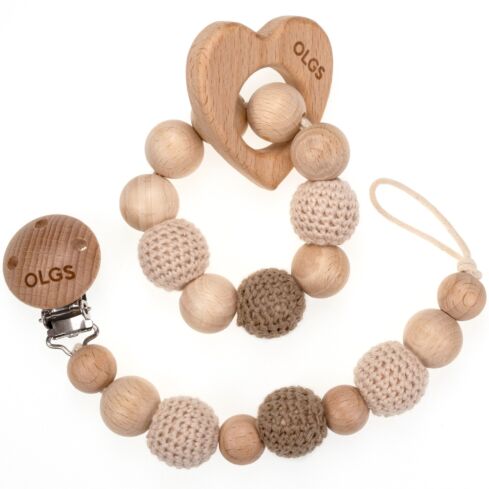 Schnullerkette und Beißring Set aus Holz mit Häkelperlen (Set 04)