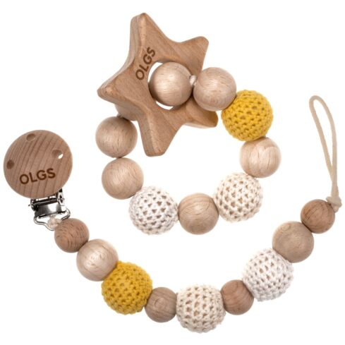 Schnullerkette und Beißring Set aus Holz mit Häkelperlen (Set 09)