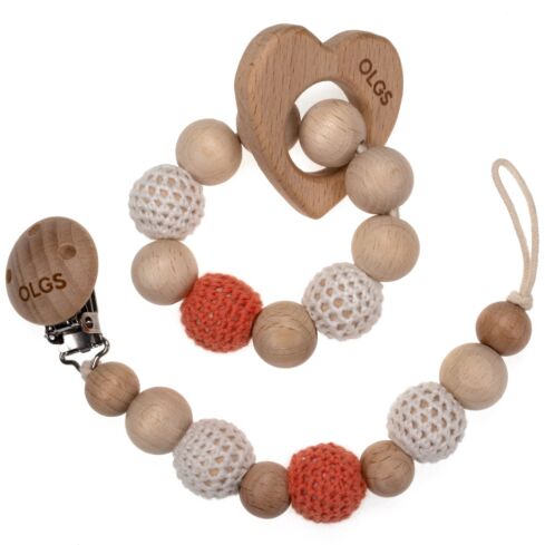 Schnullerkette und Beißring Set aus Holz mit Häkelperlen (Set 10)