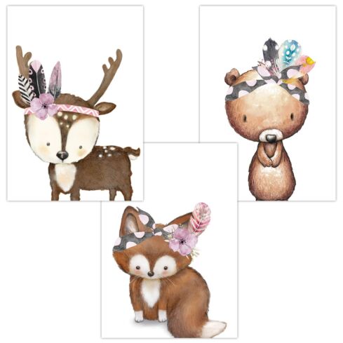 Kinderzimmer Poster (Fuchs Bär Hirsch Baby Tiere Boho)