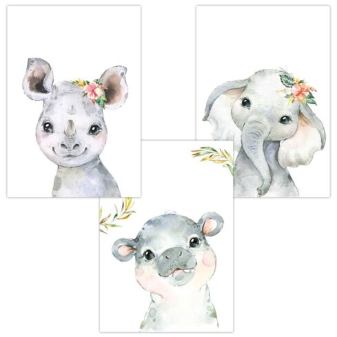 Kinderzimmer Poster (Nashorn Hippo-Nilpferd Elefant)