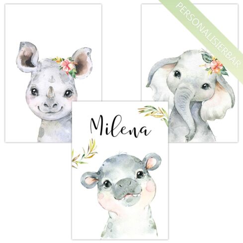 Kinderzimmer Poster personalisiert (Nashorn Hippo-Nilpferd Elefant)