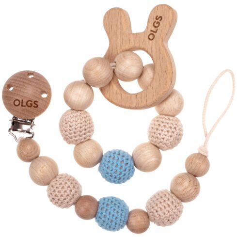Schnullerkette und Beißring Set aus Holz mit Häkelperlen (Set 07)