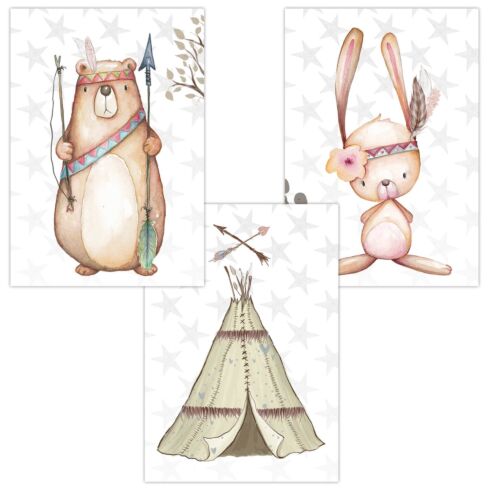 Kinderzimmer Poster (Bär Tipi Hase Indianer)