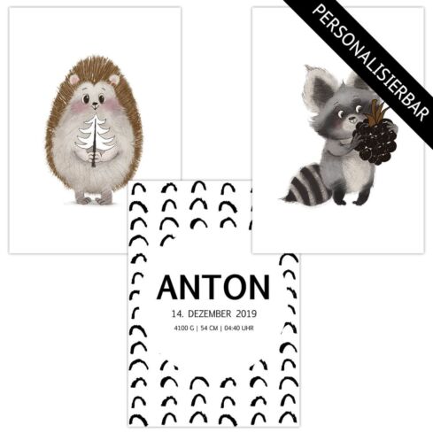 Kinderzimmer Poster personalisiert (Igel Waschbär)